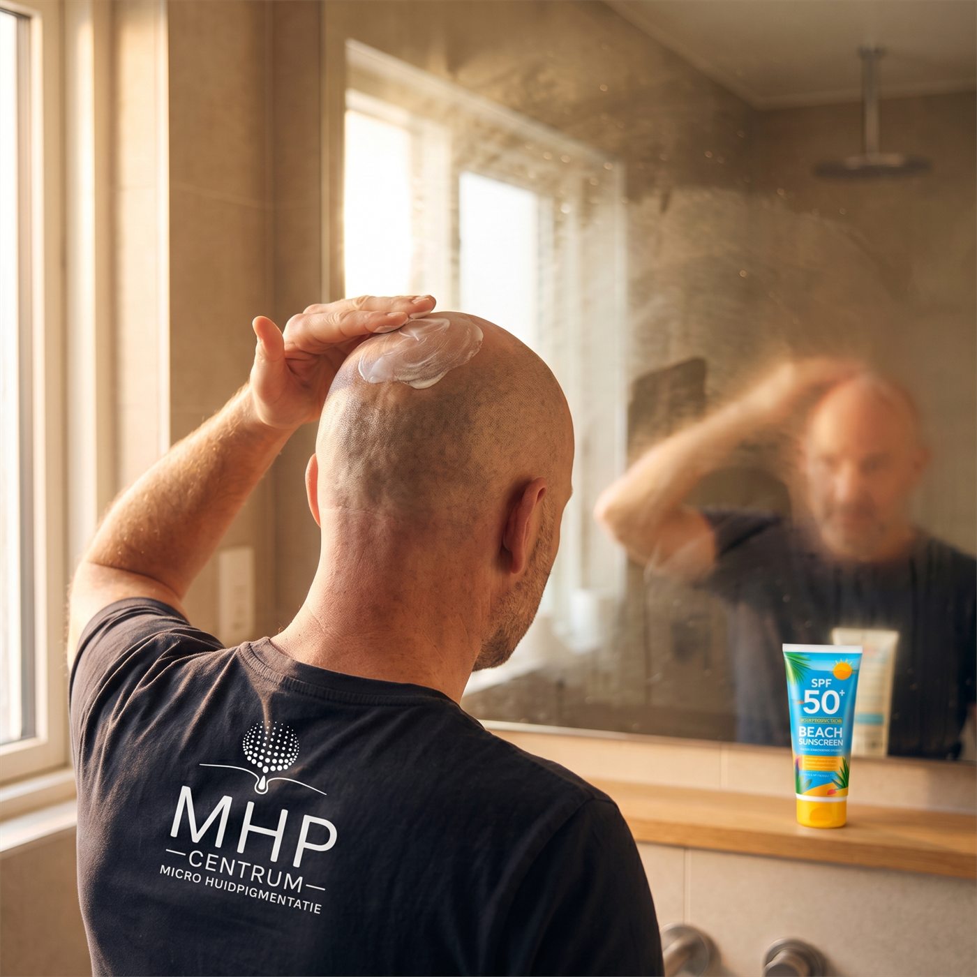 Zonbescherming SPF 50 aanbrengen op de hoofdhuid als onderdeel van de nazorg
